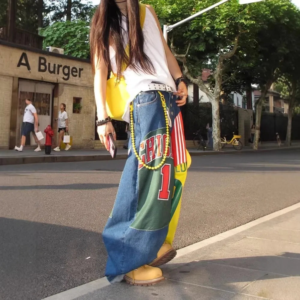 High Waist Patchwork Print Wide Leg Jeans