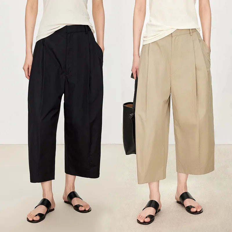 Mid Waist Pinch Pleats Loose Cropped Straight Commuter Casual Pants