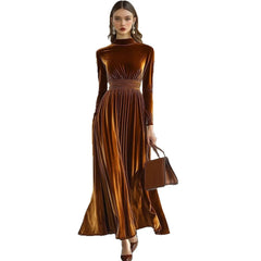 Velvet High Neck Ruched Waist Long Sleeve Maxi Dress Elegant Formal Evening Gown