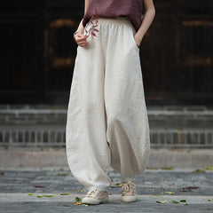 Matching Flowy Linen Elastic Drawstring Waist Spliced Retro Zen Loose Harem Long Casual Daily Outfit Pants