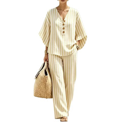 Vertical Stripe Half Button V Neck Top & Wide Leg Pants Two Piece Casual Set
