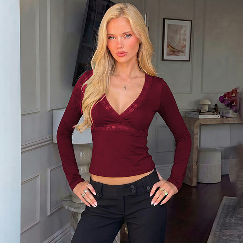 Lace Detail V-Neck Wrap Crop Top, Long Sleeve Slim Fitted Wine Red Going Out Top
