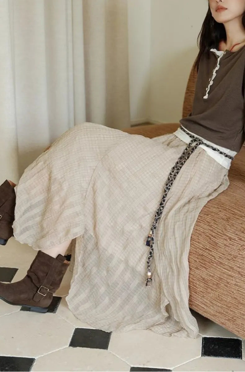 Beige Irregular Ruffled Midi Skirt