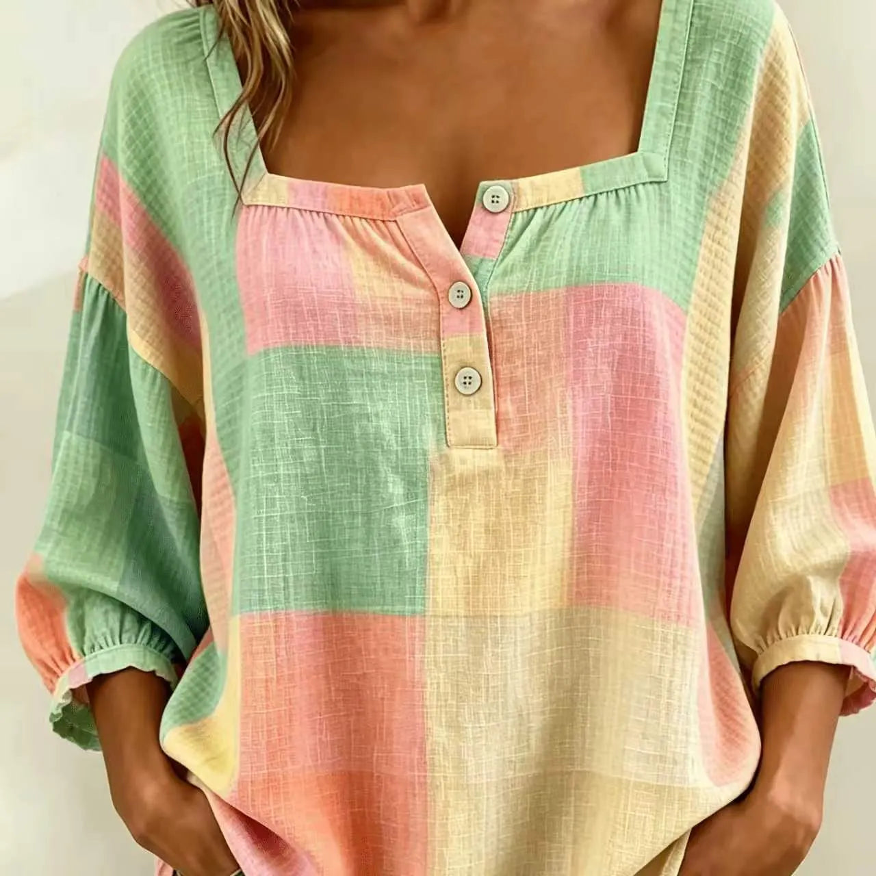 Plaid Square Neck Button Front Bubble 7/4 Sleeve Loose Casual Blouse
