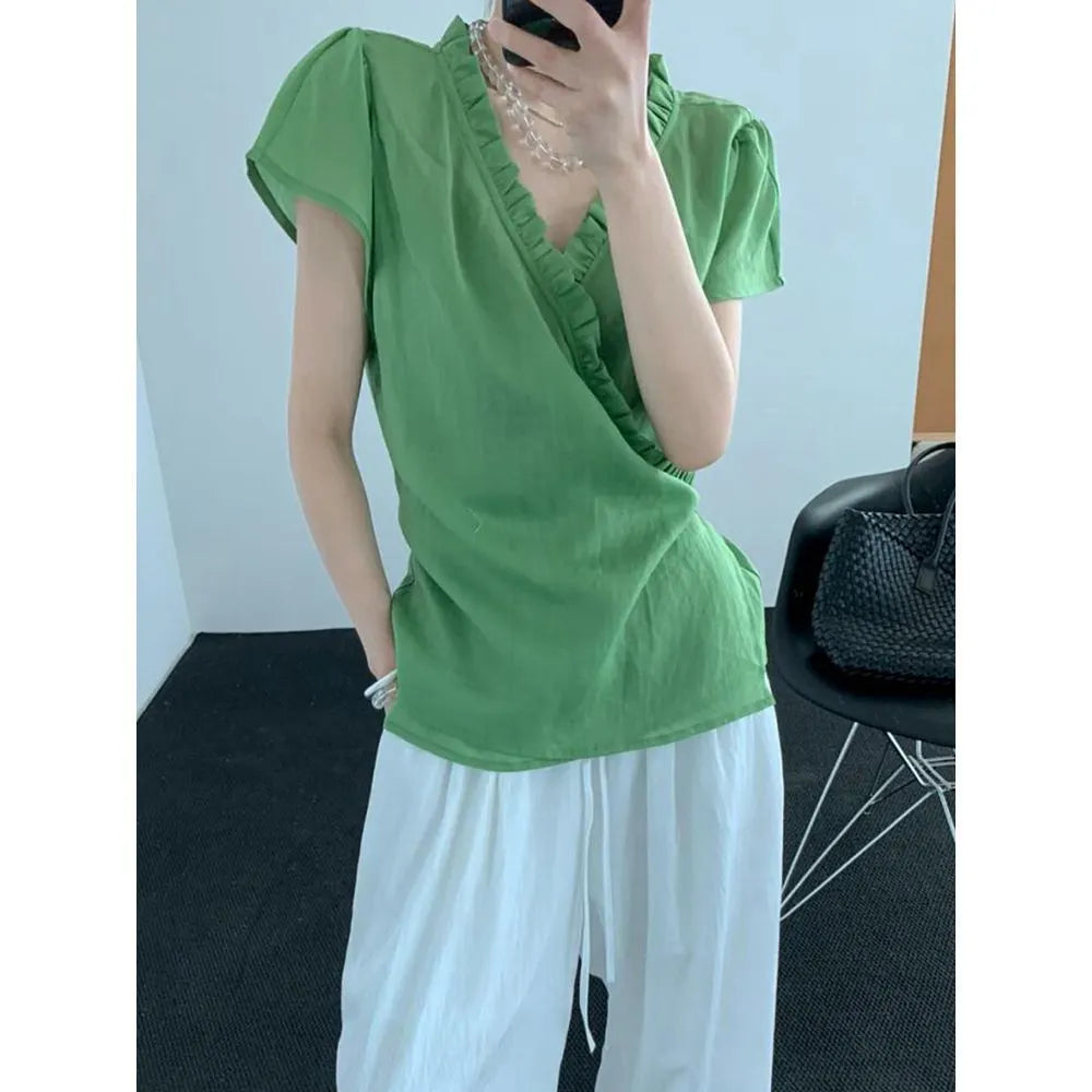 Ruffle Trim V Neck Wrap Front Solid Short Sleeve Minimalist Blouse