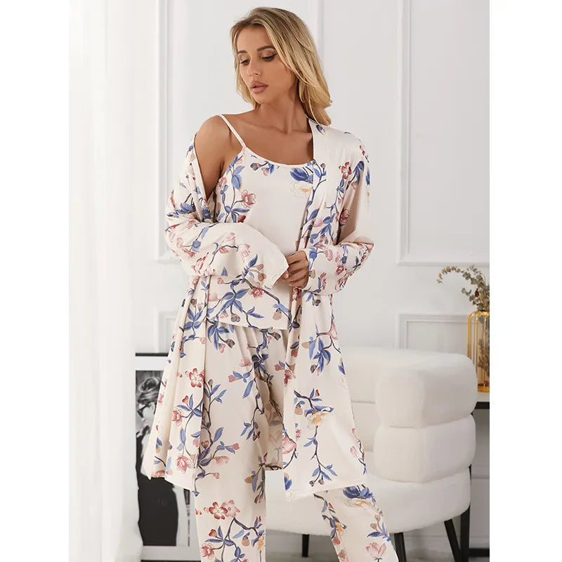 Allover Floral Print 3-Piece Robe Cami Long Pants Loungewear Set