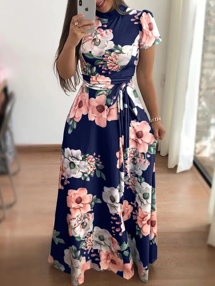 Satin Floral Print High Neck Short Sleeve Maxi Dress