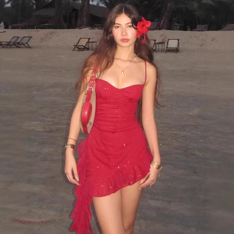 Glitter Ruched Ruffle Hem Spaghetti Strap Mini Dress