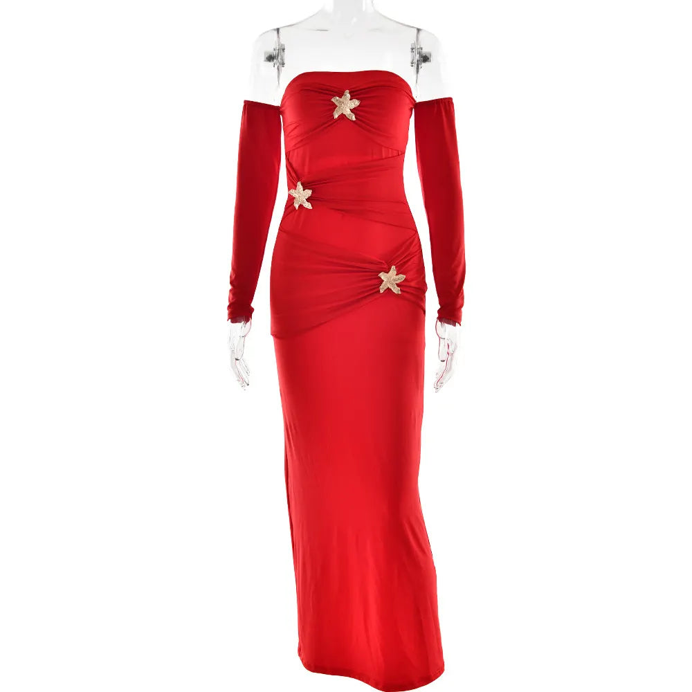 One-Shoulder Ruched Maxi Dress with Rhinestone Embellishments