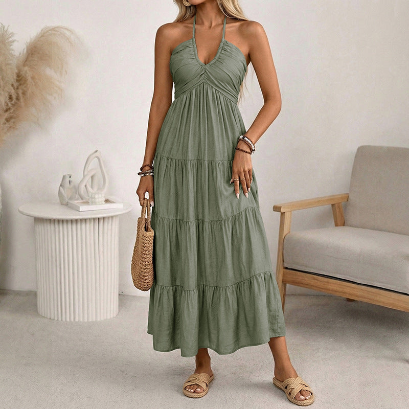 Green Halter Neck Tiered Maxi Dress