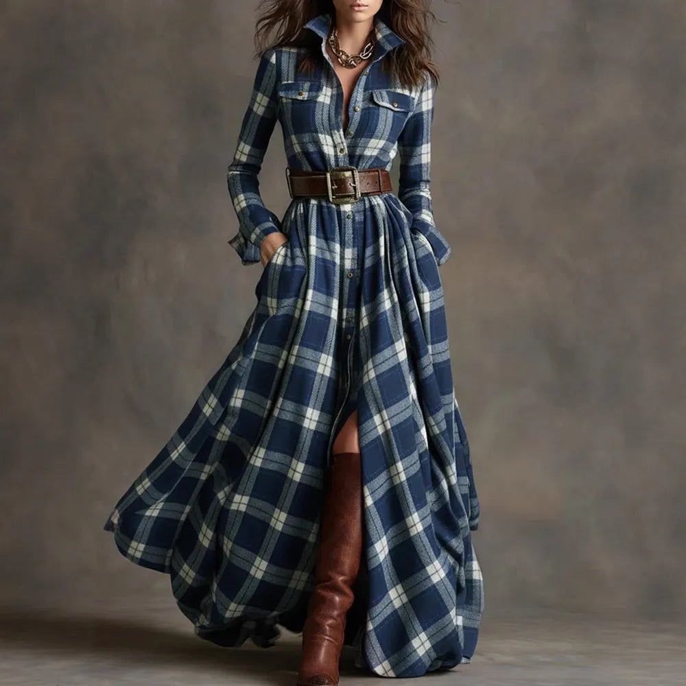 Vintage Western Tartan Plaid Maxi Dress for Collared Long Sleeve Flowy A Line Shirt Dress