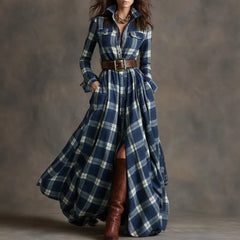 Vintage Western Tartan Plaid Maxi Dress for Collared Long Sleeve Flowy A Line Shirt Dress