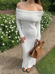 Off Shoulder Ribbed Knit Maxi Dress