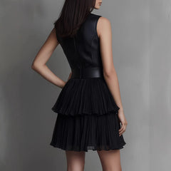 Sleeveless Faux Leather Spliced Tiered Ruffle Mini Dress