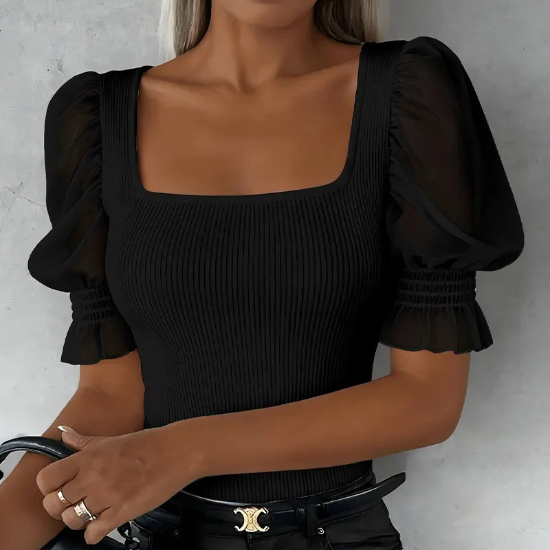 Square Neck Puff Short Sleeve Spliced Slim Knit Top