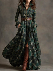Brown Tartan Plaid Maxi Shirt Dress for Lapel Collar Pockets Waist Belted Fall Long Dress