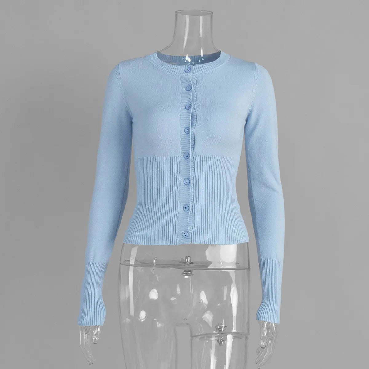 Y2K Button Front Crop Knit Top, Round Neck Long Sleeve Fitted Gray Sweater Cardigan