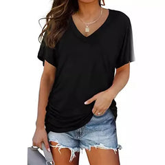 V-Neck Solid Color Loose Short Sleeve Rayon Blend Casual T-shirt