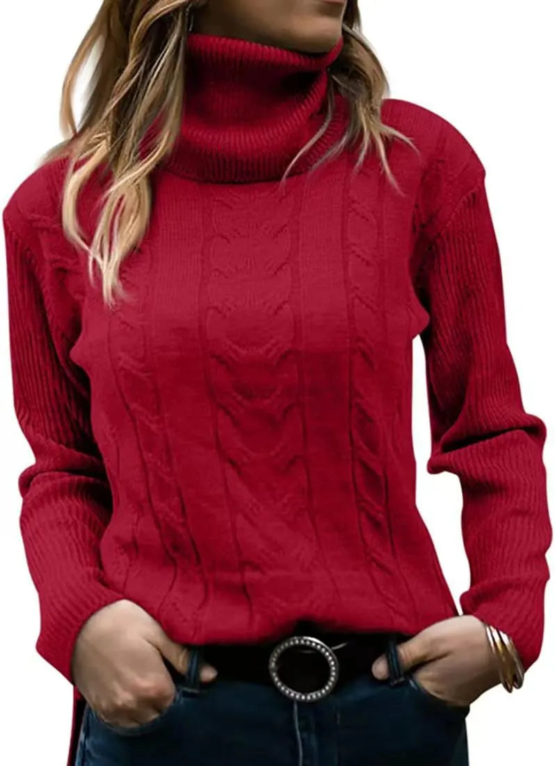Thick Cable Knit Turtleneck Sweater, Classic Warm Long Sleeve Winter Jumper