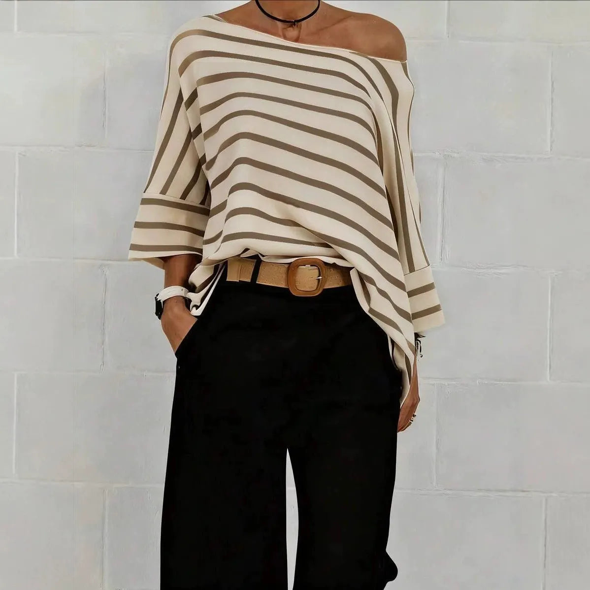 Striped Asymmetric Off Shoulder Loose Short Sleeve Milk Silk T-Shirt