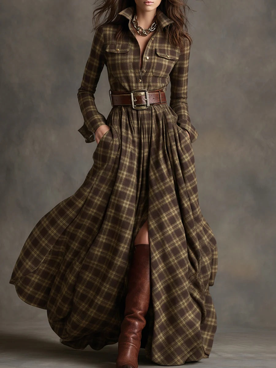 Vintage Western Tartan Plaid Maxi Dress for Collared Long Sleeve Flowy A Line Shirt Dress
