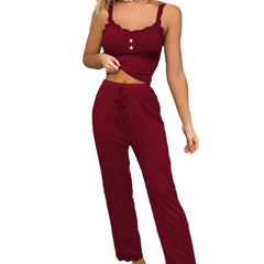 Lace Trim Button Front Cami Long Pants Loungewear Set