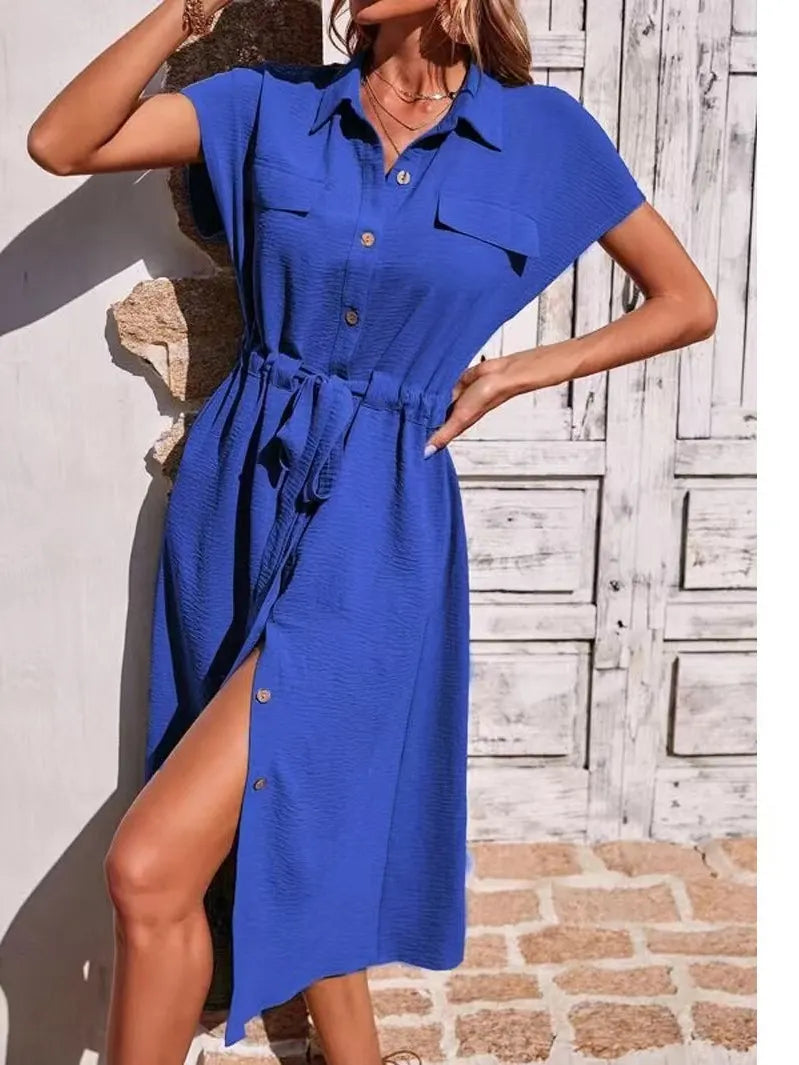 Green Tie-Waist Button-Front Shirt Maxi Dress