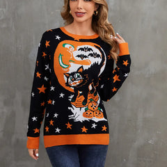 Halloween Black Cat Pumpkin Crew Neck Sweater