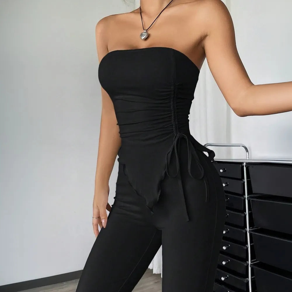 Strapless Ruched Drawstring Crop Top & Flare Pants Two Piece Set