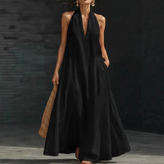 Solid Color Halter Neck A-Line Maxi Dress