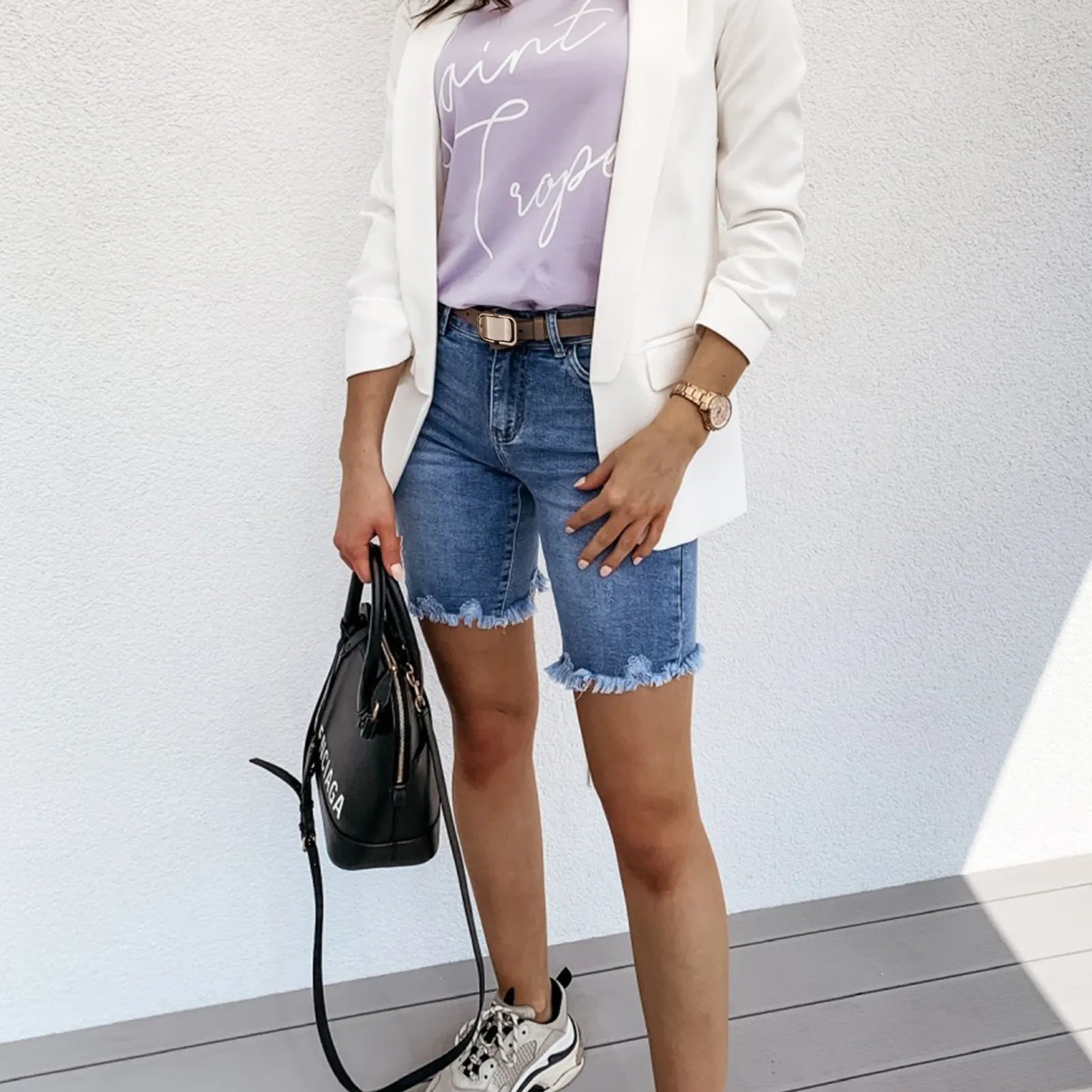 Frayed Raw Hem Denim Bermuda Shorts