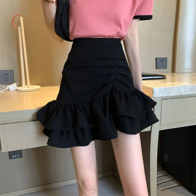 High-Waisted Ruched Ruffle Mini Skirt