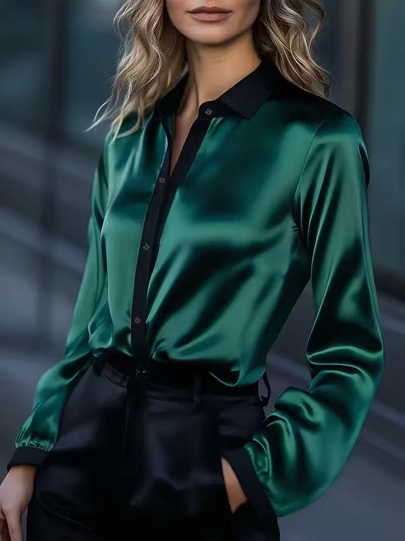 Contrast-Collar Satin Button-Down Shirt