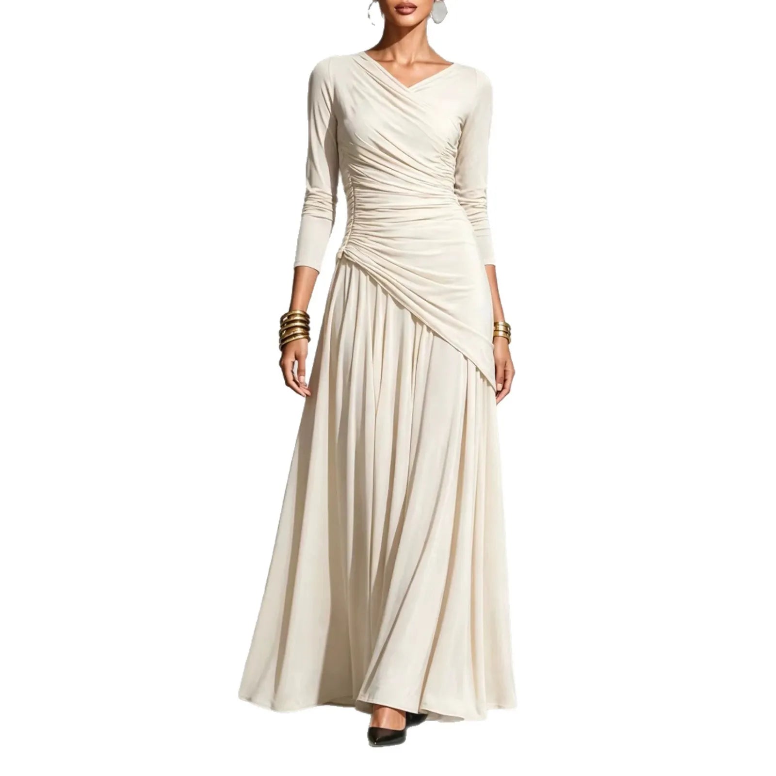 Elegant Long Sleeve Maxi Dress, Surplice V Neck Side Ruched Asymmetrical Flowy Gown