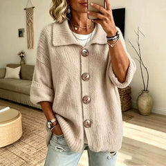 Lapel Collar Button Down Knit Cardigan, 3/4 Sleeve Loose Ribbed Knit Sweater Coat