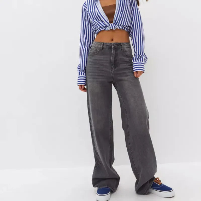 High Waist Stone Washed Grey Slight Stretch Wide Leg Denim Long Jeans