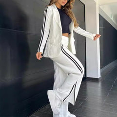 Blazer & Striped Wide Leg Pants Set