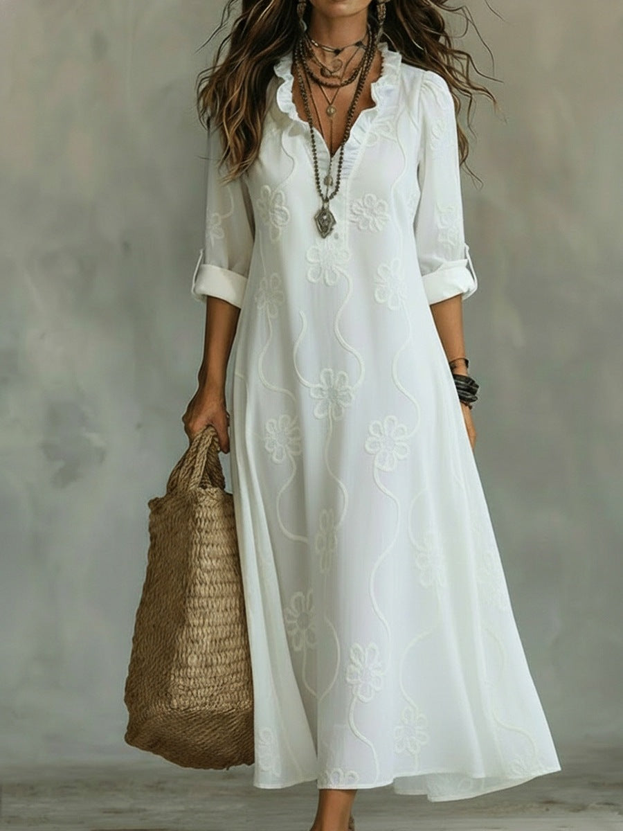 Solid Color Embroidered V-Neck Lantern Sleeve Loose Maxi Dress