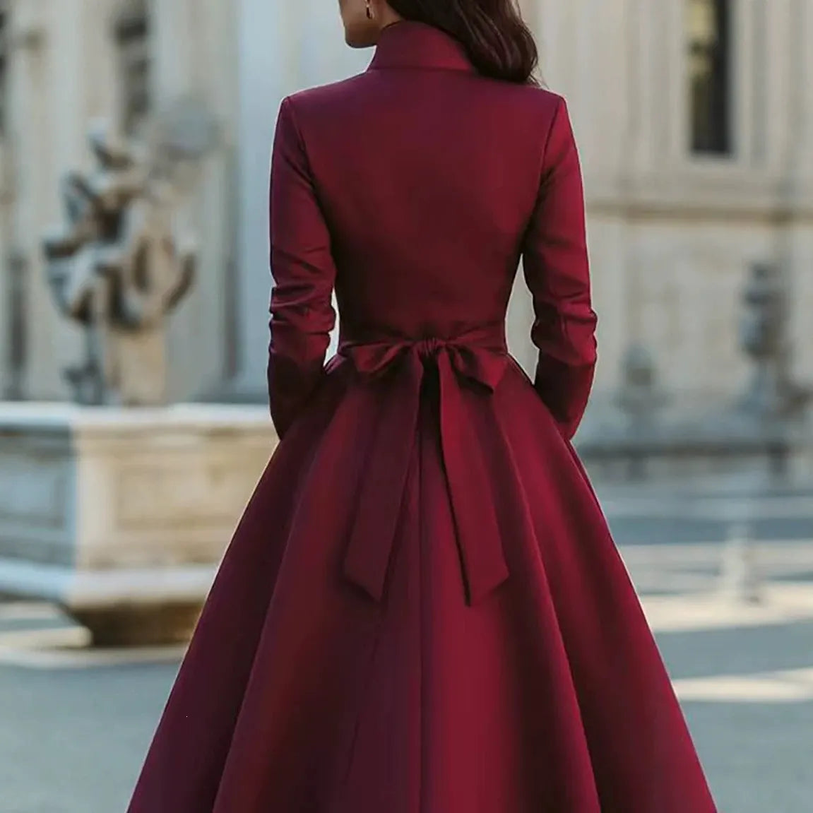 Burgundy Stand Collar Button Front Belted Midi Dress