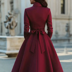 Burgundy Stand Collar Button Front Belted Midi Dress