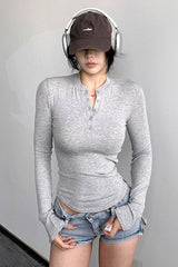 Buttons Neck Long Sleeve Top Tee