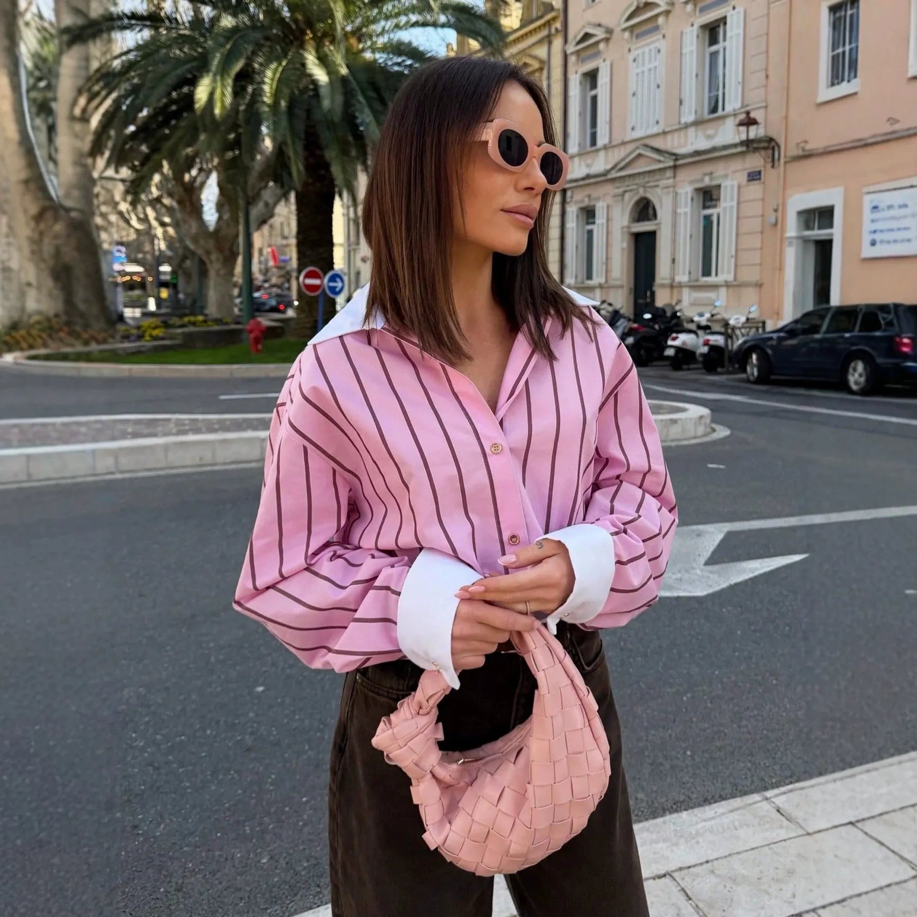Contrast Lapel Cuff Vertical Stripe Loose Long Sleeve Button Down Shirt
