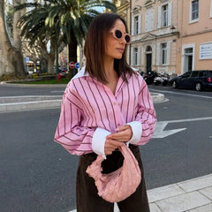 Contrast Lapel Cuff Vertical Stripe Loose Long Sleeve Button Down Shirt
