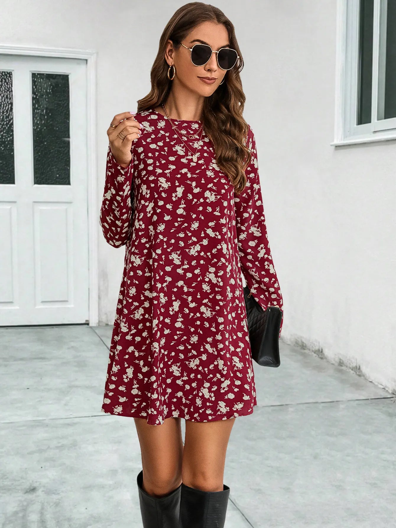 Round Neck Ditsy Floral Long Sleeve A-Line Mini Dress Slim Mid Waist Casual Campus Daily Dress