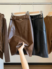 Belted Faux Leather Midi Skirt, High Waist A-Line Split Hem PU Skirt in Brown & Black