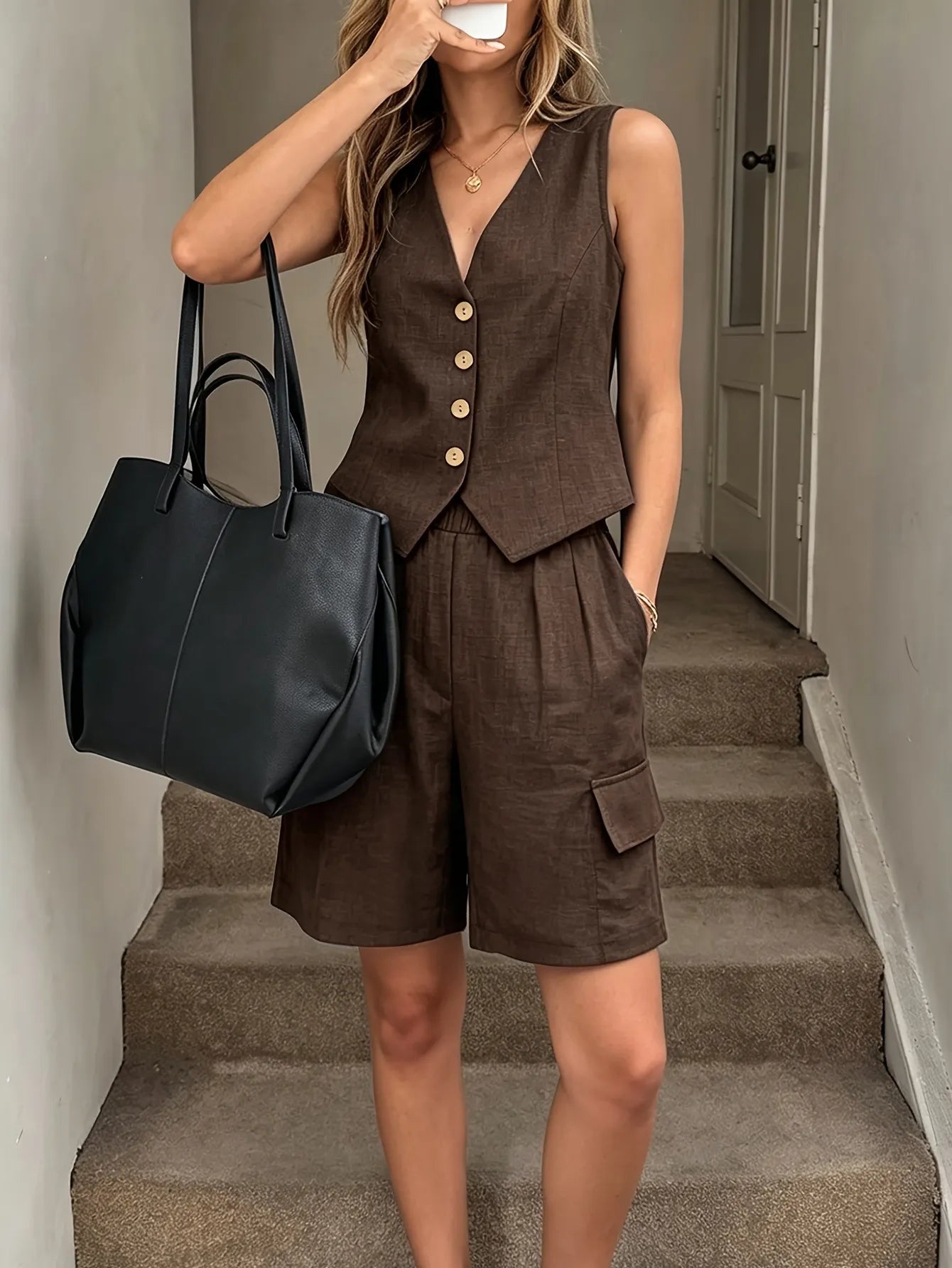 V-Neck Button Vest & Cargo Pocket Shorts Casual Two-Piece Set