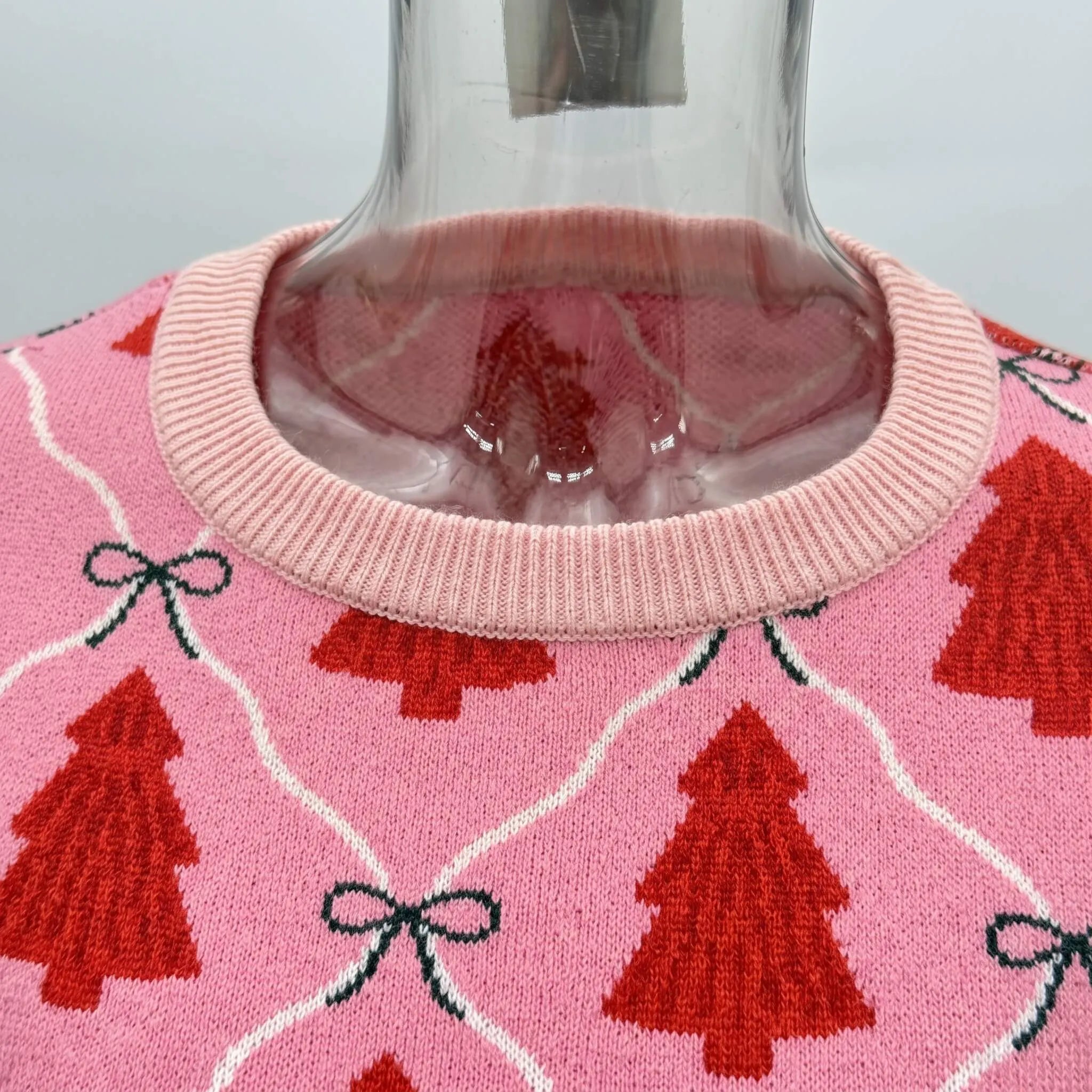 Pink Christmas Tree Bow Print Pullover Sweater
