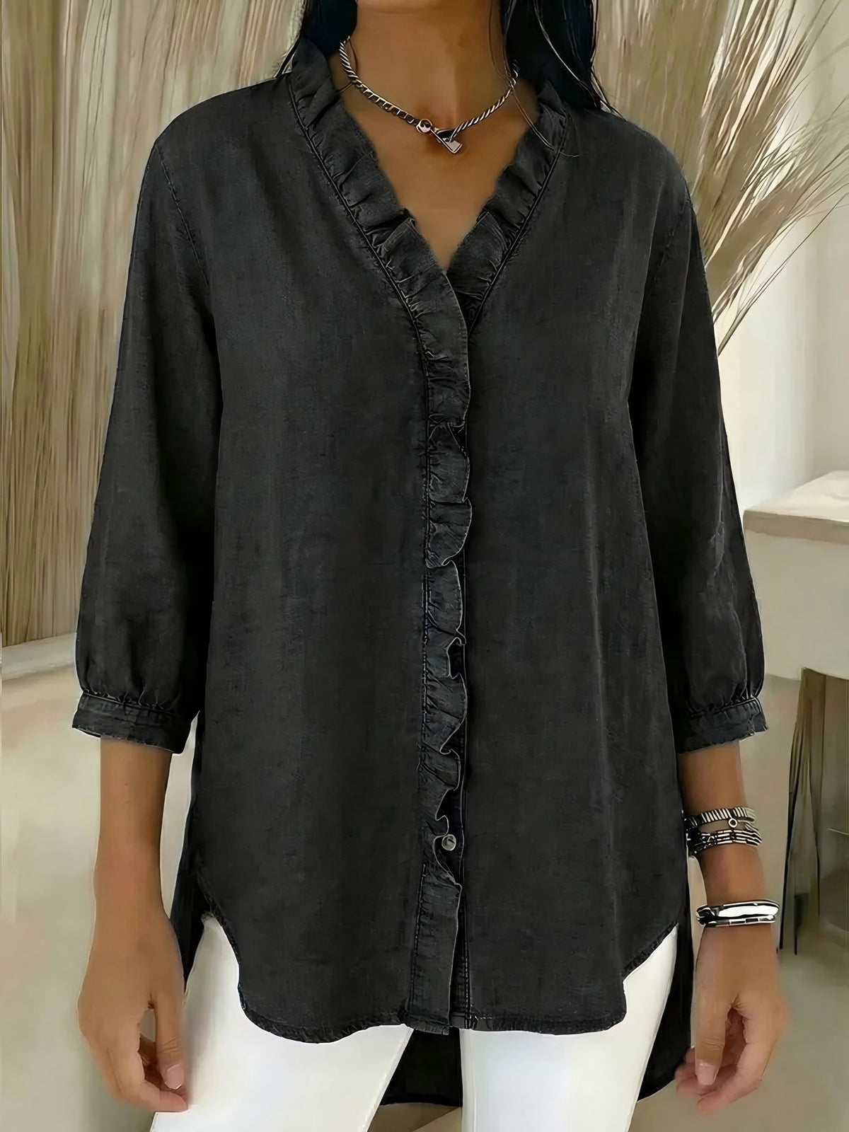 Ruffled V-Neck Three-Quarter Sleeve Blouse