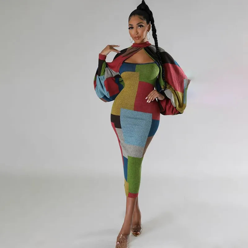 Geometric Patchwork Bodycon Midi Dress