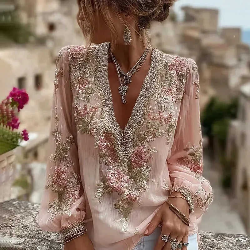 3D Digital Print V-Neck Lantern Long Sleeve Retro Casual Blouse